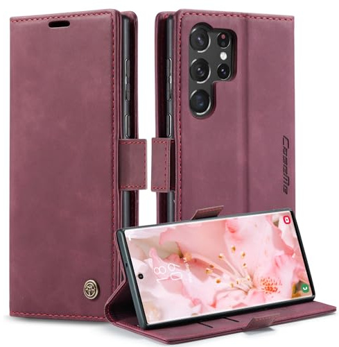 Monweicz Handyhülle für Samsung Galaxy S23 Ultra Premium Lederhülle Klappbar Flip Case Tasche mit Magnet Kartenfach Standfunktion Schutzhülle - Weinrot