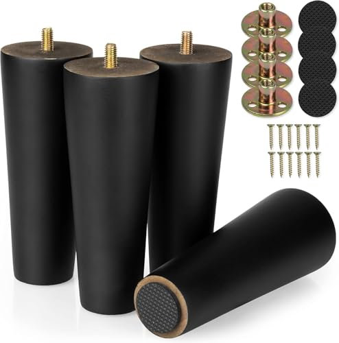 Qodiacl 4 Piezas Patas para Muebles Madera 12cm Patas de Roble para Mesa de Repuesto para Sofá, Cama,Sillón,Gabinete, Mesa de Centro, con Placa de Montaje y Almohadillas de Goma, Negro