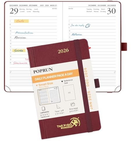 POPRUN Kalender 2026 Tagesplaner Hardcover 16 x 10,5 cm, Tageskalender A6 1 Tag 1 Seite (Montag - Sonntag), Terminplaner (Jan.2026-Dez.2026) mit Stiftschlaufe - Burgund