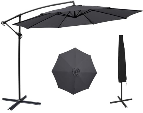 ZealWe Garden Parasol Umbrella, 3m Cantilever Patio Parasols with Cover and Crank Handle, Banana Parasol Sun Shade with Cross Base and 8 Ribs for Beach Pool Lawn Backyard Deck, Grey