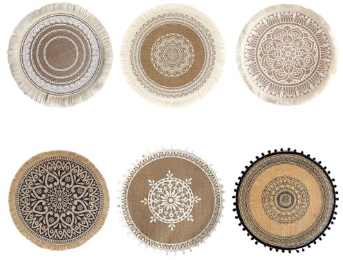 6 Stück Platzset Rund - Tischsets Rund Boho Runde Abwaschbar Platzset Jute Tischsets mit Mandala Quaste, Handgefertigte Gewebte Abwaschbar Platzsets Untersetzer für Küche Tischdekoration verwendet