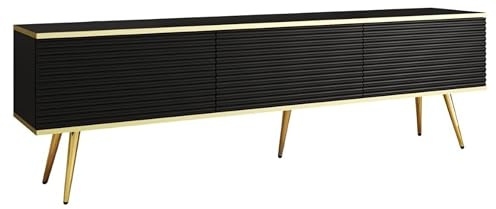 MINIO go for it - TV-Schrank ORO 175 cm, Lowboard, Hängend oder stehend, mit goldenen Beinen, goldfarbener Rand, Schichtstoffplatte, Fronten aus MDF, horizontale 3D-Latte, Farbe: Schwarz matt