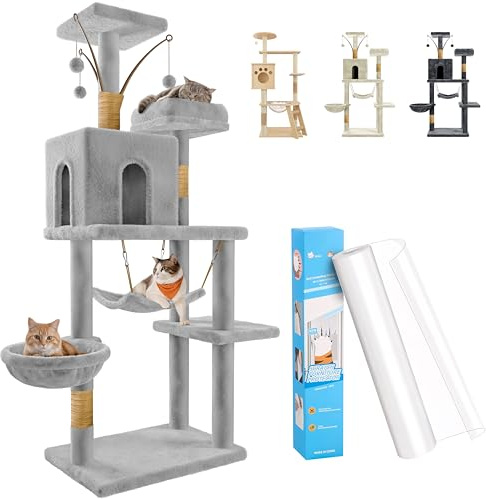 JUPPLIES Árbol Rascador para Gatos 143 cm – Torre de Actividades con 5 Plataformas, 3 Nidos, 1 Casa y Hamaca, Postes de Sisal y Base Estable 60 × 40 cm – Castillo Gris + Protector 20x300cm