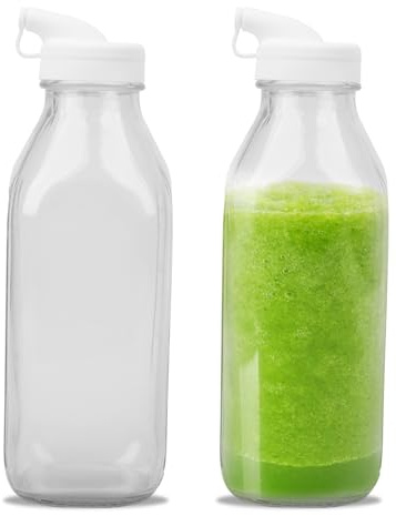 Yabound Set di 2 bottiglie di vetro da 1 litro, bottiglie di latte con coperchio, contenitore per latte con indicatore di scala, ideali per succhi di frutta, latte, frappè