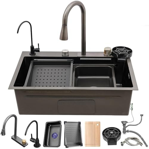 Grande lavello da cucina con rubinetto estraibile per acqua potabile, compatibile con lavastoviglie, vasca singola in acciaio inox (nero grigio A 68 x 45 cm)