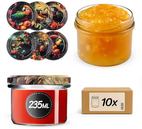 KADAX Marmeladengläser 235ml TO82, Einmachgläser Vorratsgläser Mason Jar mit Schraubdeckel, Luftdichte Schraubgläser, Honig & Konfitüre (Exotische Vögel, 10 Stück)