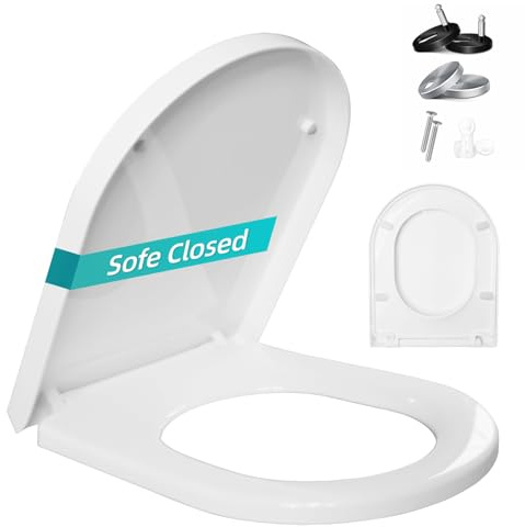 Shgjutop Toilet Seat Soft Close, D Shaped Soft Close Toilet Seat White with Adjustable Hinges, Universal Quick Release Toilet Seats Lid in Sturdy Anti-Bacterial Premium PP Material