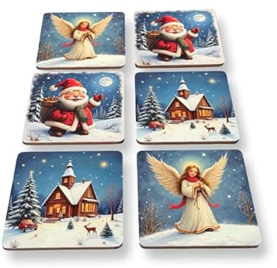 Untersetzer Gläser aus Holz eckig - 6er Set - Glasuntersetzer für Getränke, Tassen, Becher, Gläser - Design, Tischuntersetzer Mordern Christmas/Weihnachten Motıve