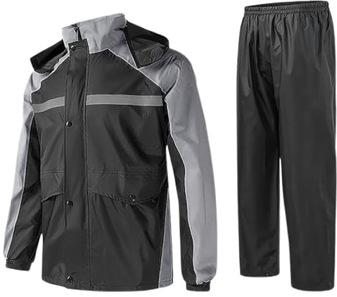 Generisch Conjunto de chubasquero para hombre, impermeable, reflectante, abrigo de lluvia con pantalones, 2 unidades, ropa de lluvia exterior, chaqueta cortavientos con capucha, pantalones