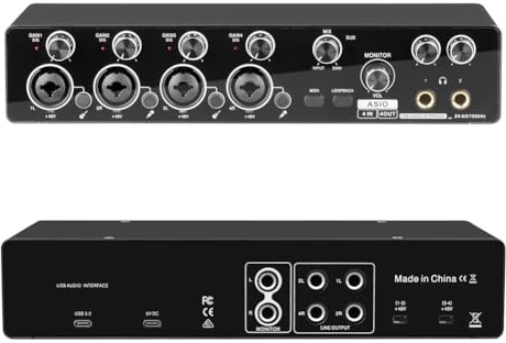 Fegtrtyoa Interfaz de Audio USB Profesional de 4 Canales para Estudio y Grabación en Tarjeta de Sonido, Preamplificador de Micrófono y Compatibilidad con ASIO.
