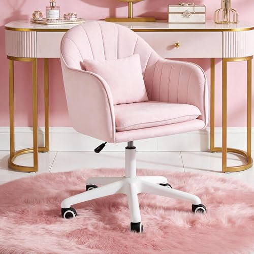 Fanerody Ergonomischer Bürostuhl, 360°Drehstuhl mit Kopfkissen, Höhenverstellbarer Schreibtischstuhl, Schminkstuhl mit Leisen Rollen für Studierzimmer Wohnzimmer, Stuhl bis 250 Pfund Belastbar, Rosa
