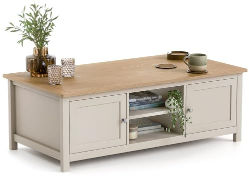 CHRISTOW Coffee Table, 2 Cupboards & 2 Shelves, Pebble | Modern Living Room Table, Oak-Effect Top, 2 Open Shelves, 2 Storage Cupboards, Durable MDF, H40cm x W115cm x D60cm