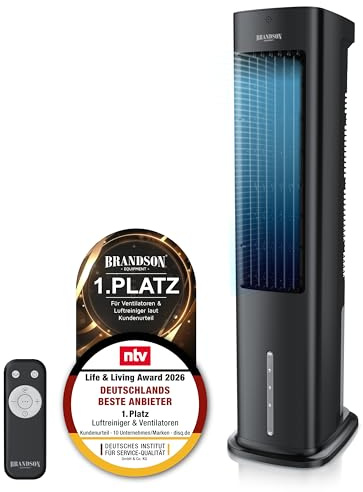 Brandson - Turmventilator mit Wasserkühlung - Sieger Ventilatoren und Luftkühler 2026-4 in 1 - Verdunstungskühler - Luftkühler - Ventilator - ohne Abluftschlauch- sehr leise