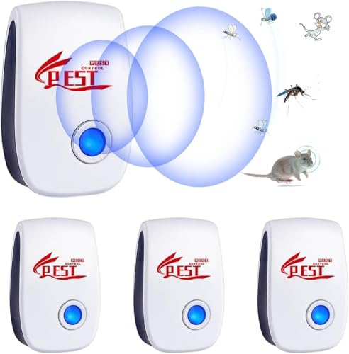 Repelente Ultrasónico de Plagas, 4 Pack Electrónico Repelente Mosquitos Control de Plagas, Repelente Ultrasónico Mosquitos para Interiores, Moscas, Ratones, Cucarachas, Arañas, Roedores