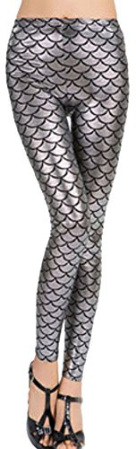 janisramone Womens Ladies New Holographic Mermaid Fish Scale Print Skinny Disco Metallic Leggings Pants