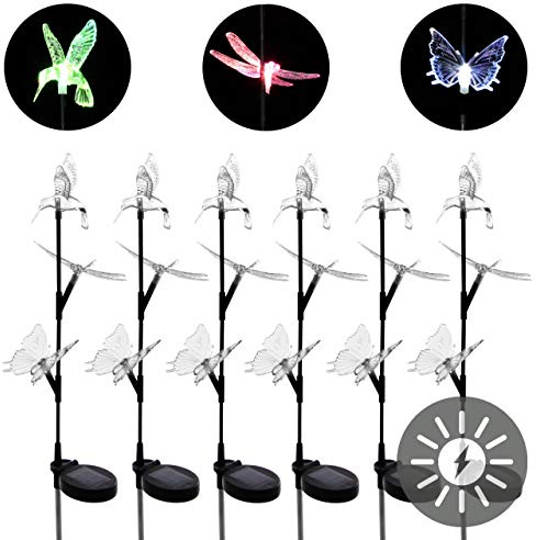 Solarlampe 6er Set mit Kolibri Schmetterling Libelle LED Farbwechsel Gartenbeleuchtung Dekoration Solar Leuchte Solarstecker Kunststoff Edelstahl