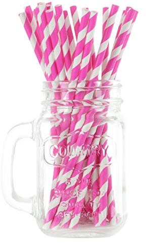 250 Hot Pink Stripe Eco Friendly Recyclable Paper Drinking Straws Bright Colours Stripes and Metallic Colours Great for Birthday Wedding Christmas Party Baby Shower Decoration Food Safe Single Use