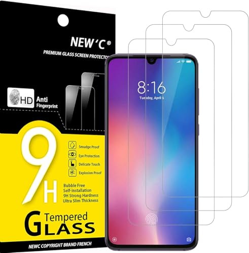 NEW'C 3 Piezas, Protector Pantalla para Xiaomi Mi 9, Cristal templado Antiarañazos, Antihuellas, Sin Burbujas, Dureza 9H, 0.33 mm Ultra Transparente, Ultra Resistente