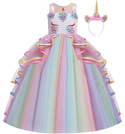 MYRISAM Girl's Unicorn Princess Costume Wedding Birthday Pageant Halloween Carnival Christmas Party Long Tulle Fancy Dress Up Outfits Dance Photography Ball Gowns w/Headband