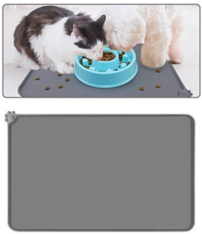 Voarge Tiernahrung Matte Platzdeckchen, Fressnapfunterlage für Katze oder Hund, Futtermatte aus Silikon mit Rand, Wasserdicht Anti-Rutsch Antihaft-Futternapf, 47x30cmGrau