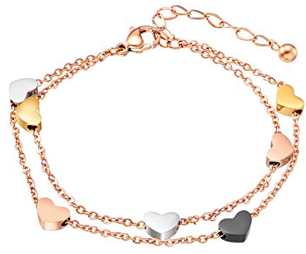 Bracelet en or rose pour femme avec pendentif en forme de cœur - Double chaîne - Pour femmes et filles - Bracelet d'amitié, 16 5 cm, Acier inoxydable