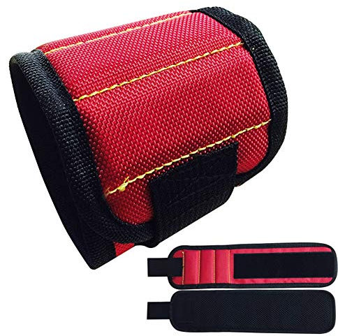 AKT Magnetisches Armband Tragbare Werkzeugtasche mit 3 Magneten Elektriker Handgelenk Werkzeuggürtel Schrauben Nägel Bohrer Armband für Reparaturwerkzeug,Red