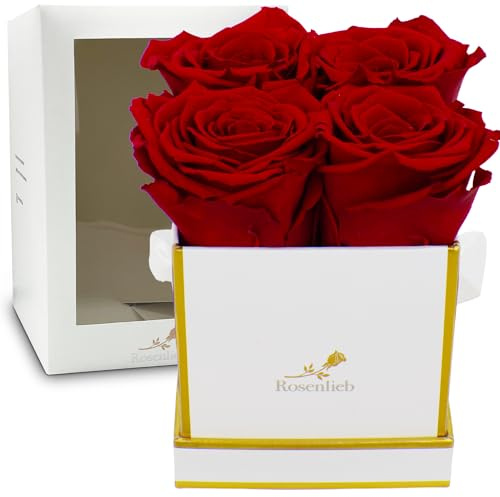 Rosenlieb Rosenbox mit 4 Infinity Rosen (3 Jahre haltbar) | Echte konservierte Blumen | Flowerbox Inkl. Grußkarte | Geschenk für Frau, Freundin, Mutter, Oma, Valentinstag (Square Bravo Weiß, Rot)