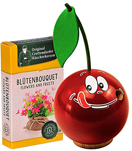 Seiffener Volkskunst | Räucherfigur aus dem Erzgebirge | Freche Früchtchen 7 cm inkl. Crottendorfer Räucherkerzen | Räuchermännchen Deko Figur | Original Erzgebirgische Volkskunst (Kirsche)