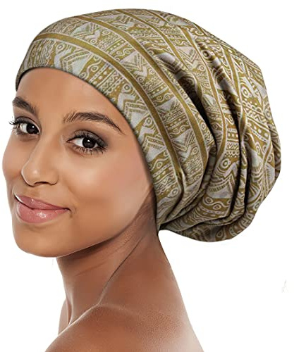 Schlafhaube aus Satin, extra groß, afrikanischer Druck, Haarwickel für lockiges Haar, Locs schwarze Frauen - Braun - Einheitsgröße