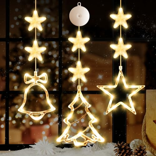 LYUBASA [Timer] 3Pcs Christmas Window Lights Decorations,Battery Powered Christmas Hanging Warm White Lighted Tree Bell Star Shaped LED Sucker for Xmas Tree Fireplace Indoor Decor