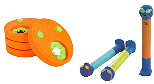 Zoggs Float Discs Armbands, Confidence Building Arm Bands, Safe Zoggs Swimming armbands & Dive Sticks Pool Toys, Confidence Building Diving Sticks, Safe Swimming Pool Toys, Blue/Lime/Orange (3 Pk)