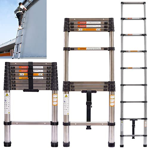 2.6M Telescopic Ladder, Stainless Steel Telescoping Step Ladders Portable Extendable Loft Ladder Multi Purpose Extension Ladder DIY Tools for Indoor Decorating Outdoor Roof Work, 330lb Capacity