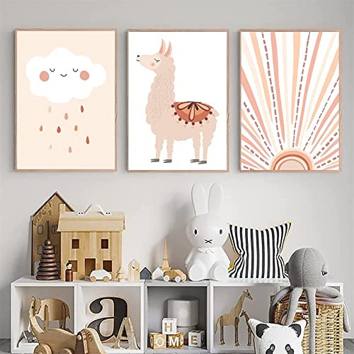 EXQULEG 3er Set Poster Kinderzimmer Regenbogen Wolken Tiere Bilder Ohne Rahmen,DIN A4 Bilder Babyzimmer Boho Deko Junge Mädchen (B)