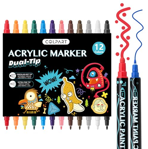 Acrylstifte für Steine Wasserfest 12 Acrylfarben Stifte Bemalen Dual Tip Acrylic Paints Permanent Multimarker Steine Zum Acrylmarker für Holz, Leinwand, Glas, Papier, Keramik