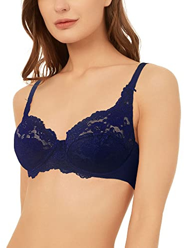 Vanever Reggiseno da Donna con Ferretto Coppa Piena Pizzo Push Up Balconcino Coppa Morbido Smooth Microfibra, Blu Navy 34C