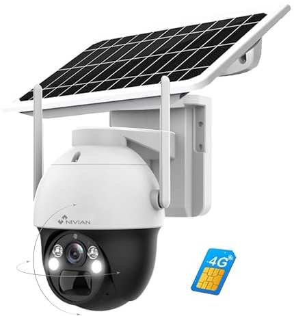 NIVIAN Caméra de Surveillance de sécurité 360º 4G(SIM)+Panneau Solaire 7W-Batterie Longue durée 18000mAh-2K-Convient à l'extérieur-Vision Nocturne+LEDs-Audio bidirectionnel-Application EseeCloud