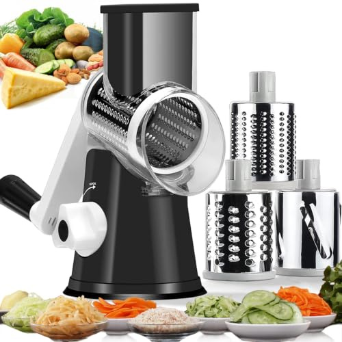 Runder Mandoline Trommelschneider Rotary Käsereibe Gemüsehobel Karotten Shredder Nut Chopper, Schwarz