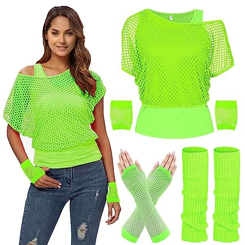 Abbigliamento da donna anni '80 '90, maglia a rete, canottiera, scaldamuscoli, guanti a rete, costume anni '80, top da donna Neon Shirt 80s Aerobic Outfit Clothes-80SVest