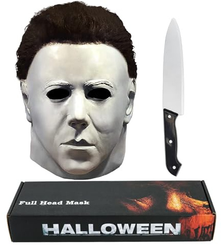 Kseyic Michael Maschera Spaventoso per Adulti,Maschera Completa per Halloween Horror Viso Copricapo in Lattice Con Capelli (A)
