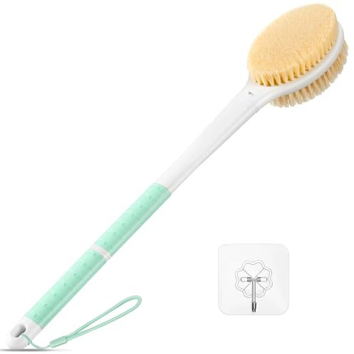 Back Scrubber Body Shower Brush: Anti Slip Long Handle Bath Brush with Stiff and Soft Bristles - Showering Exfoliator Wet or Dry Brushing for Women, Men, Elderly (Mint Green)