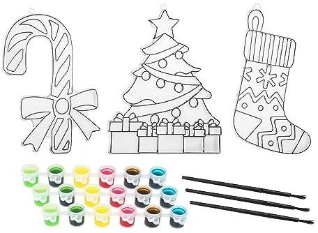 Lot de 3 tableaux de Noël pour fenêtre à colorier - Kit de 3 images avec peintures et pinceaux - Décoration de fenêtre de Noël à personnaliser soi-même - Kit complet avec 3 motifs
