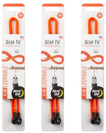 Nite Ize Gear Tie Loopable Twist Tie - Reusable & Flexible Twist Ties - Bendable Cable Ties for Gear & Cords - Loopable for Secure Fastening - 18, Bright Orange (3 Pack)