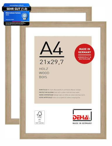 DEHA Design Holz Bilderrahmen Fontana, 21x29,7 cm (A4) 2er Set, Hellbraun | Holz Dokumentenrahmen im Hoch- & Querformat zum Aufhängen Hellbraun matt bruchsicheres Kunstglas