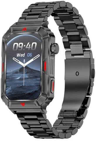 Militär Uhr Smartwatch Herren Tactical Watch Military Edelstahl Armband Gesundheitsuhr Telefonfunktion Wasserdicht Sport Outdoor Fitness Tracker Grün Schwarz Fitnessuhr Blutdruckmessung Schrittzähler