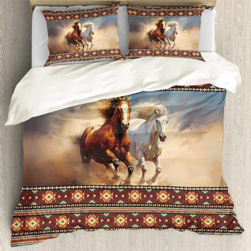 ZFRXIGN Western Horse Duvet Cover Queen Bedding Comforter Cover for Women Men Bedding Set Bedroom Decor Soft Quilts Covers + Pillowcase 3 Pack Aztec Tribal Navajo Bedspread