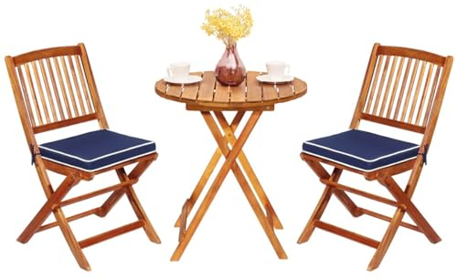 GIANTEX Balkonmöbel Kleiner Balkon, Runder Bistrotisch mit 2 Stühlen klappbar, Gartenmöbel Set Holz 3 teilig, Balkonset Bistroset Outdoor, Terrassenmöbel 2 Personen, Garten Sitzgruppe mit Kissen