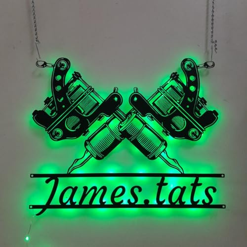 CALCCI Custom Text Metal Sign - Custom Tattoo Artist Metal Wall Art LED Light Personalized Ink Studio Name Sign Home Decor Machine Shop Decoration Man Cave Christmas Gift, Black