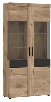 möbelando Glasvitrine >Grano< in Viking Eiche Dekor/Kosmos Grau - 92,8x195x37,4 (BxHxT)