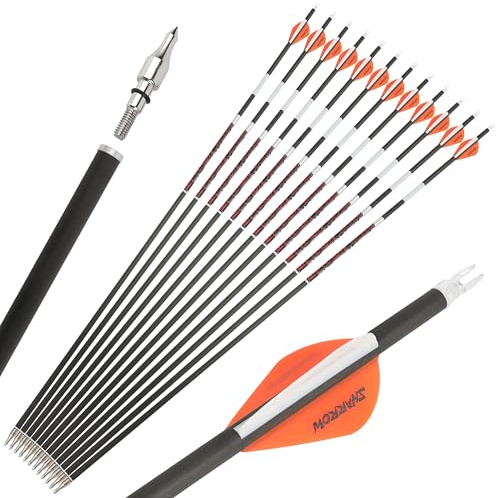 SHARROW 12pcs Bogenschießen Carbonpfeile 31 Zoll Carbon Pfeile Spine 300-600 Beleuchtete Jagdpfeil für Compound Recurve Bogen Outdoor-Schießen (Orange&Weiß, Spine 300)