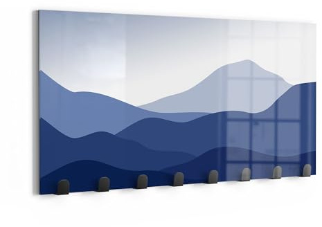 DEQORI Appendiabiti da parete in vetro e metallo, motivo montagne in velo blu, 60 x 30 cm, design moderno, pannello appendiabiti per corridoio, soggiorno e camera da letto, magnetico e scrivibile
